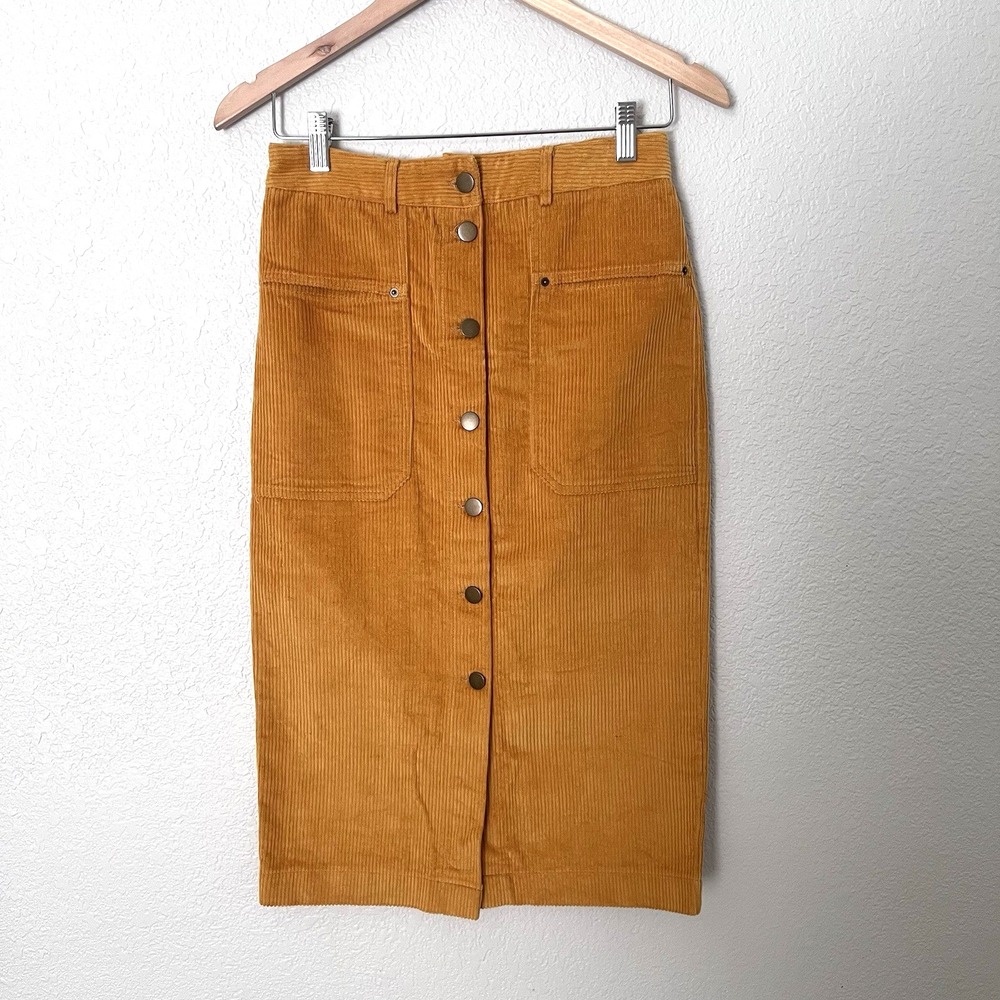 NWT Bohme Mustard Yellow Corduroy Midi Skirt Button Front Pockets Women's Small